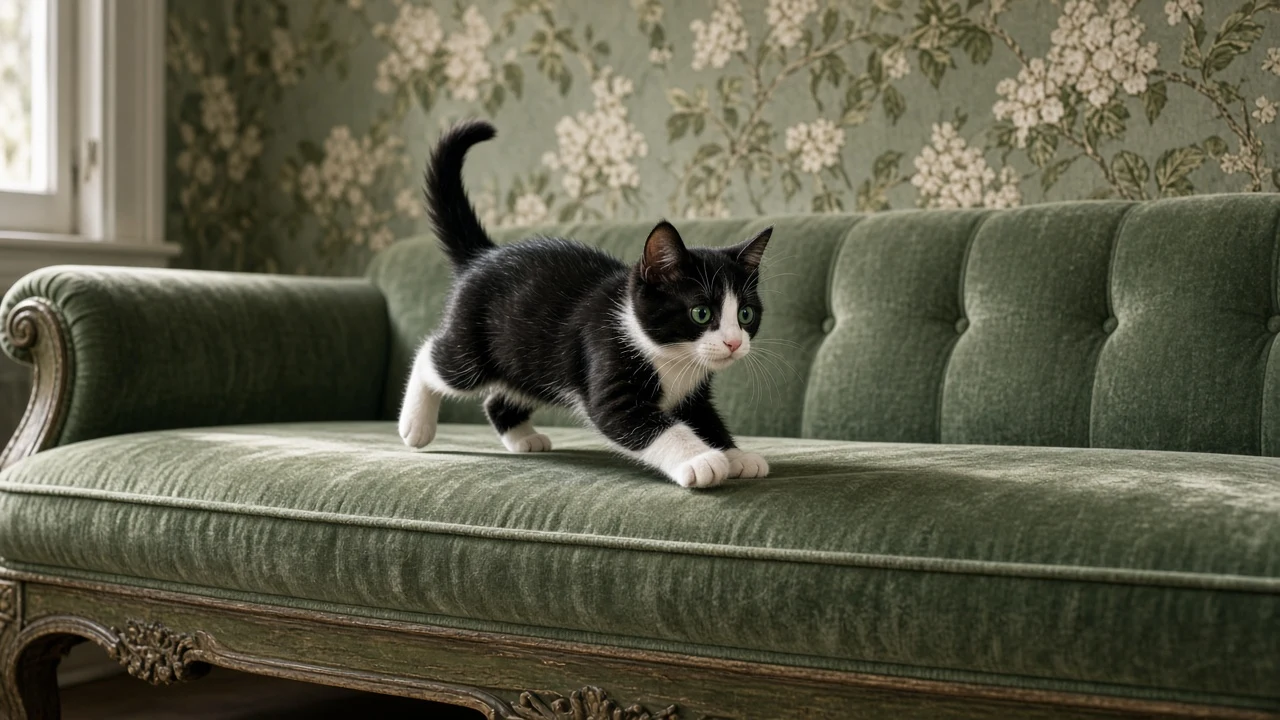 Sage Velvet Sofa Cushion Scamper with Botanical Backdrop