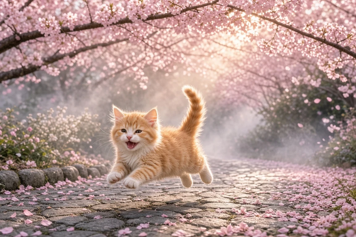 Cherry Blossom Stone Path Dash in Morning Mist