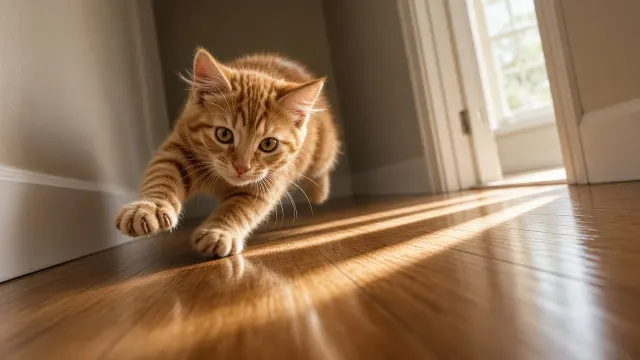 Worm's-Eye Corner Skid of a Mischievous Orange Kitten