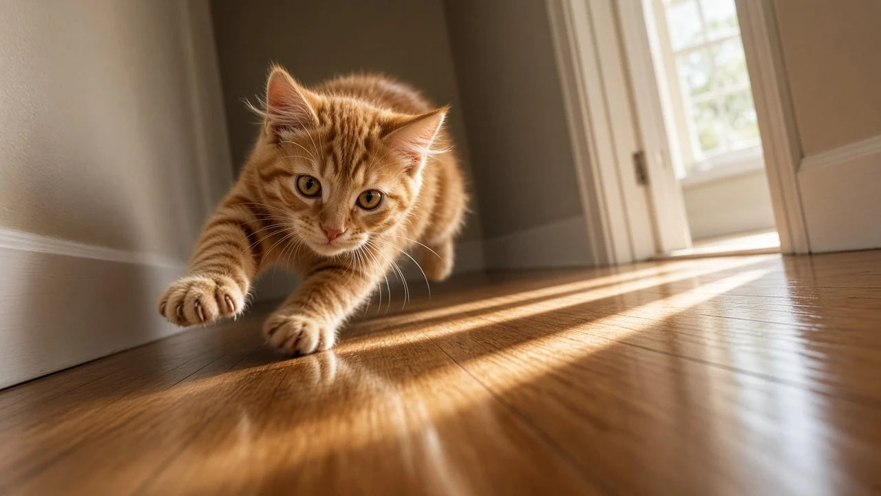 Worm's-Eye Corner Skid of a Mischievous Orange Kitten