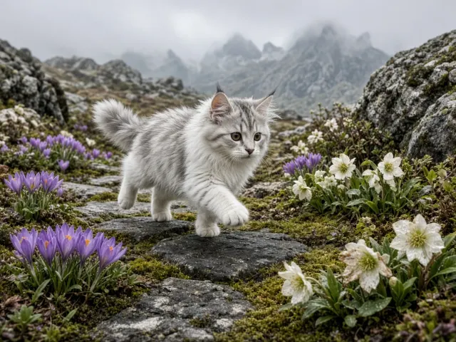 Mossy Rockery Spring Sprint of a Norwegian Forest Kitten