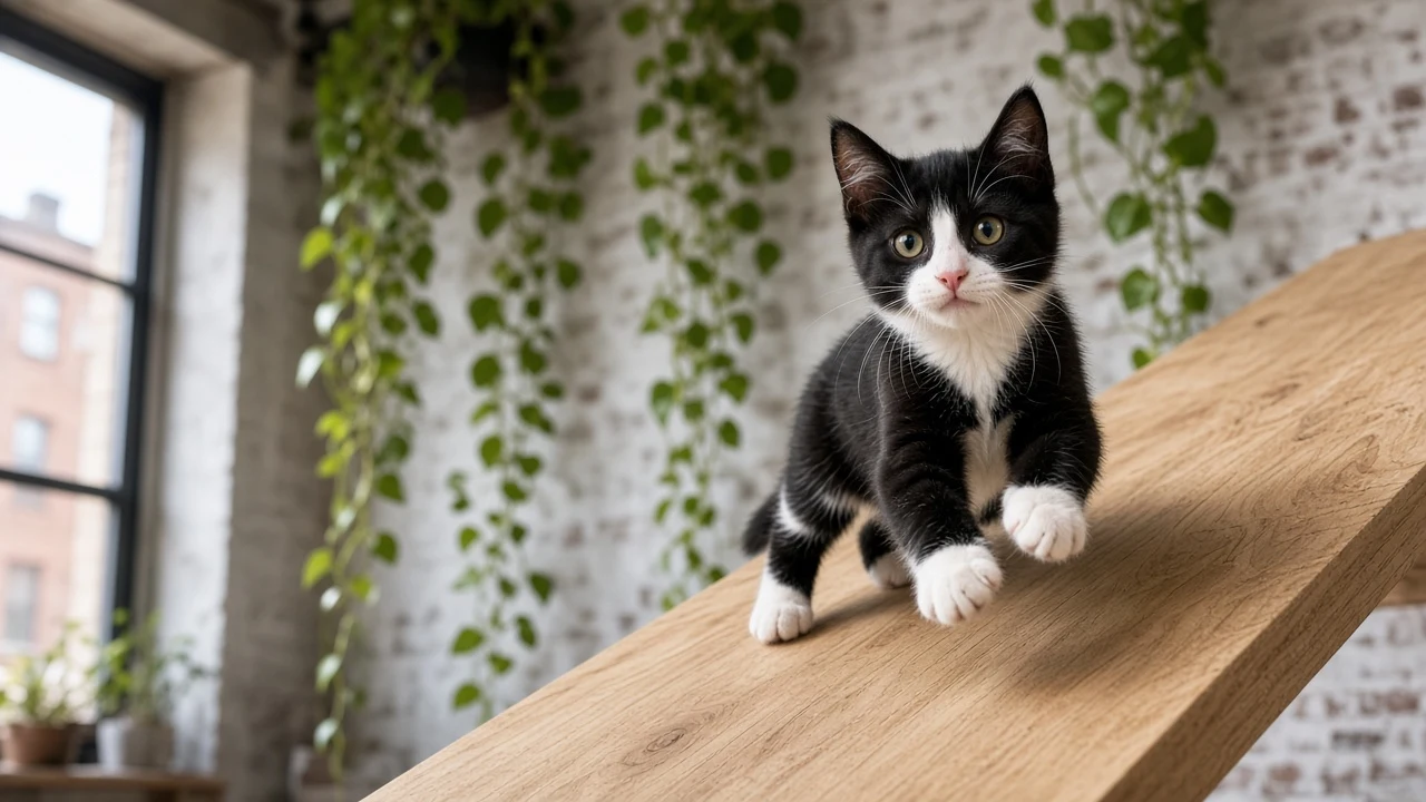 Spirited Loft Hallway Ramp Sprint of a Tuxedo Kitten