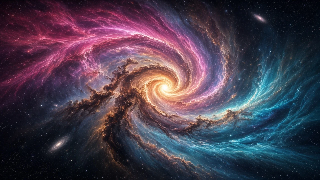 Panoramic Interstellar Hydrodynamic Swirl with Magenta and Cyan Gas Ribbons