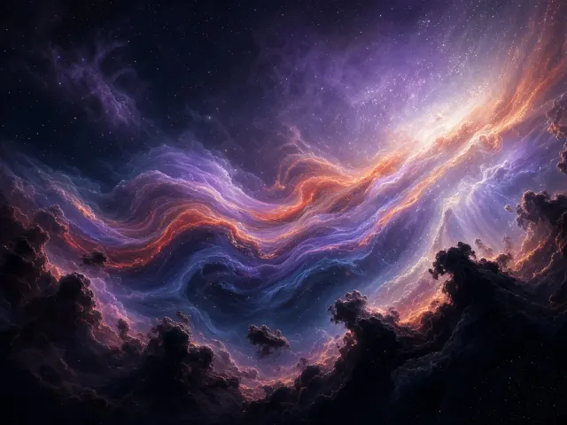Diagonal Interstellar Maelstrom with Layered Plumes of Lavender and Vermilion