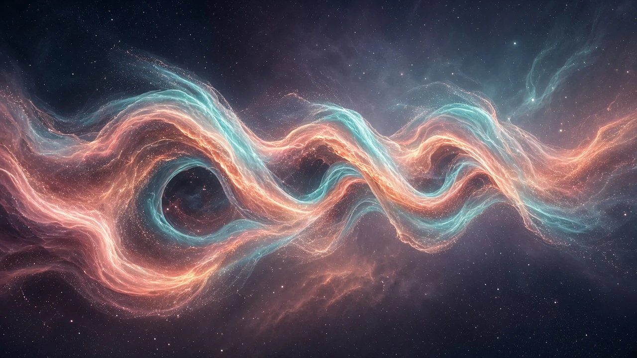Double-Helix Intertwined Cosmic Filament Swirl in Rose and Aquamarine