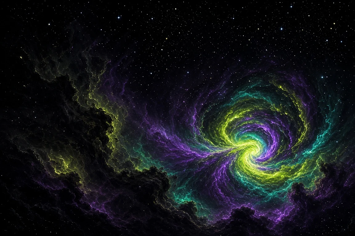Bioluminescent Neon Gas Swirl Framed by Dense Interstellar Soot Clouds