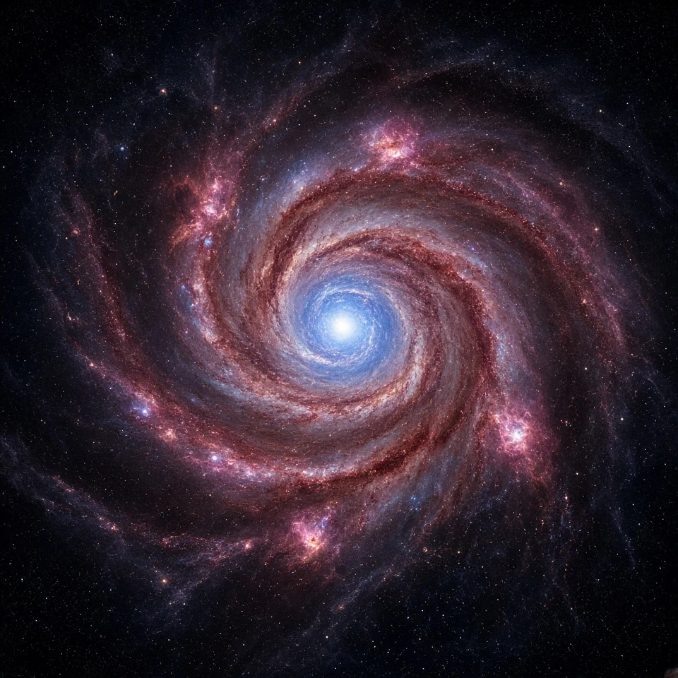 Majestic Diagonal Cosmic Whirlpool with Cobalt Core and Carmine Outer Tendrils