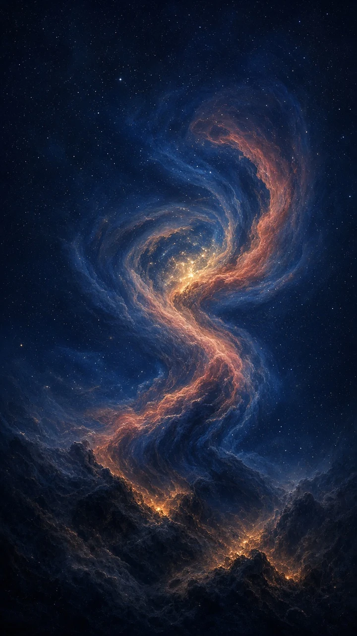 Columnar Vertical Nebular Spiral with Ultramarine and Coral Stratifications
