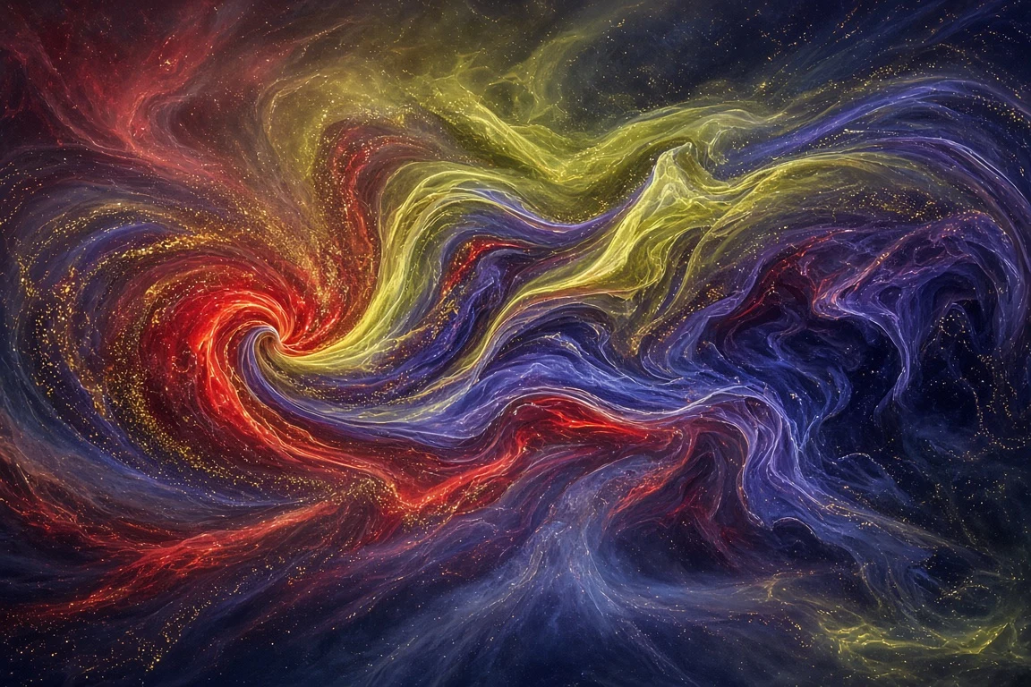 Macro Interlocking Swirl of Crimson, Chartreuse, and Electric Indigo Gas