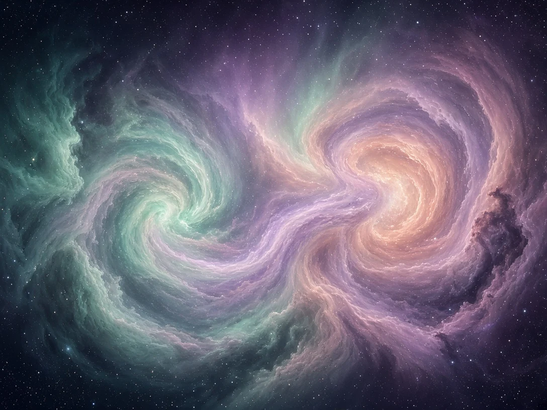 Coalescing Twin Cosmic Eddies with Soft Auroral Gradient Hues