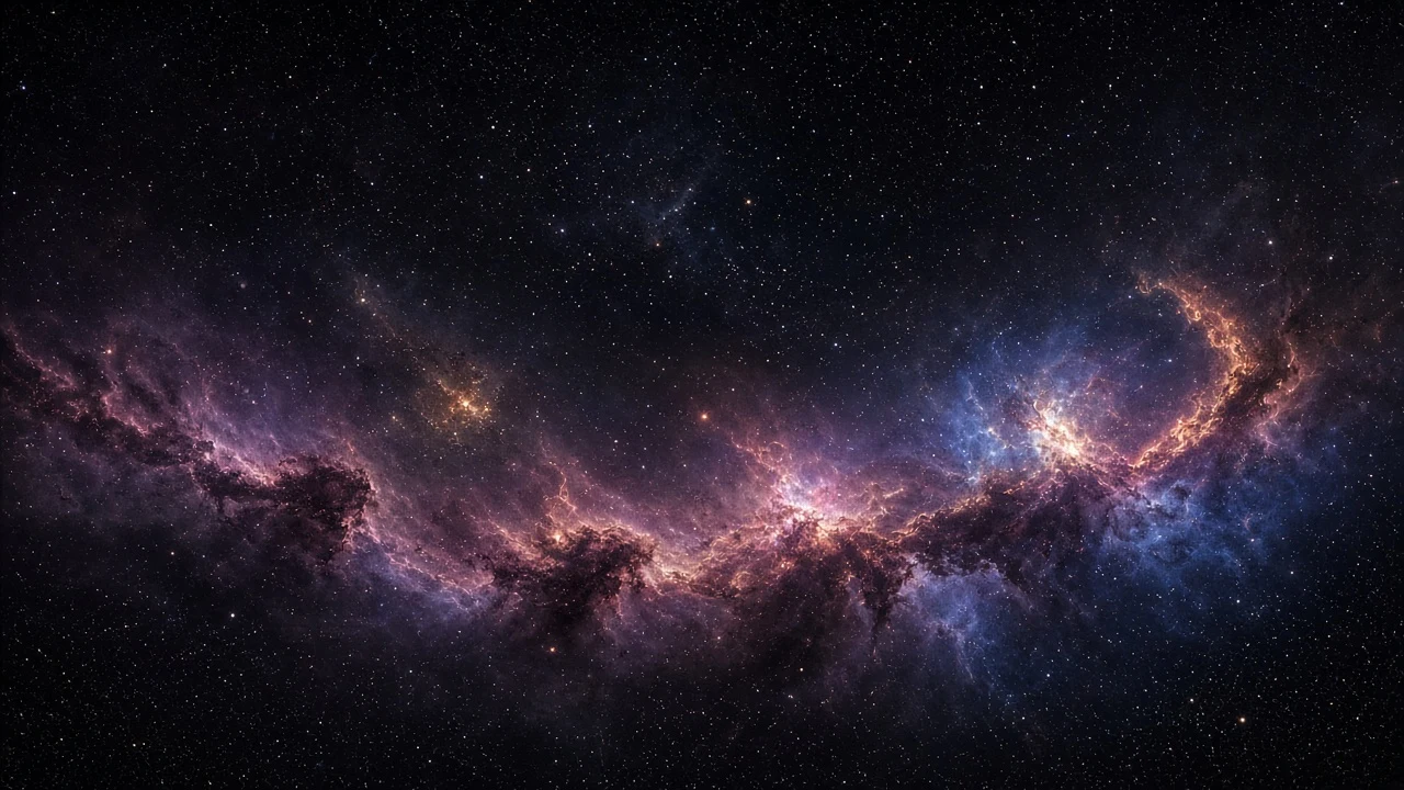 Curving Cosmic Ribbon of Plum and Golden Stardust in Lower Vertical Third