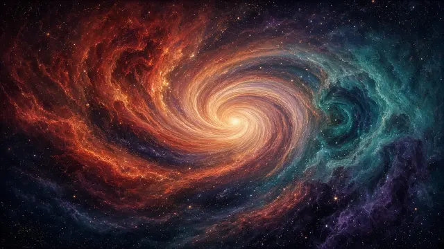 Grand Fine-Art Cosmic Panorama in Vermilion, Teal, and Midnight Violet