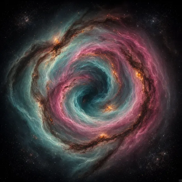 Oblique Angle Volumetric Gas Swirl with Magenta and Seafoam Curtains