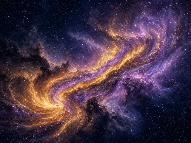 Upward Dynamic Interstellar Spiral with Neon Violet and Honey Amber Particle Drifts
