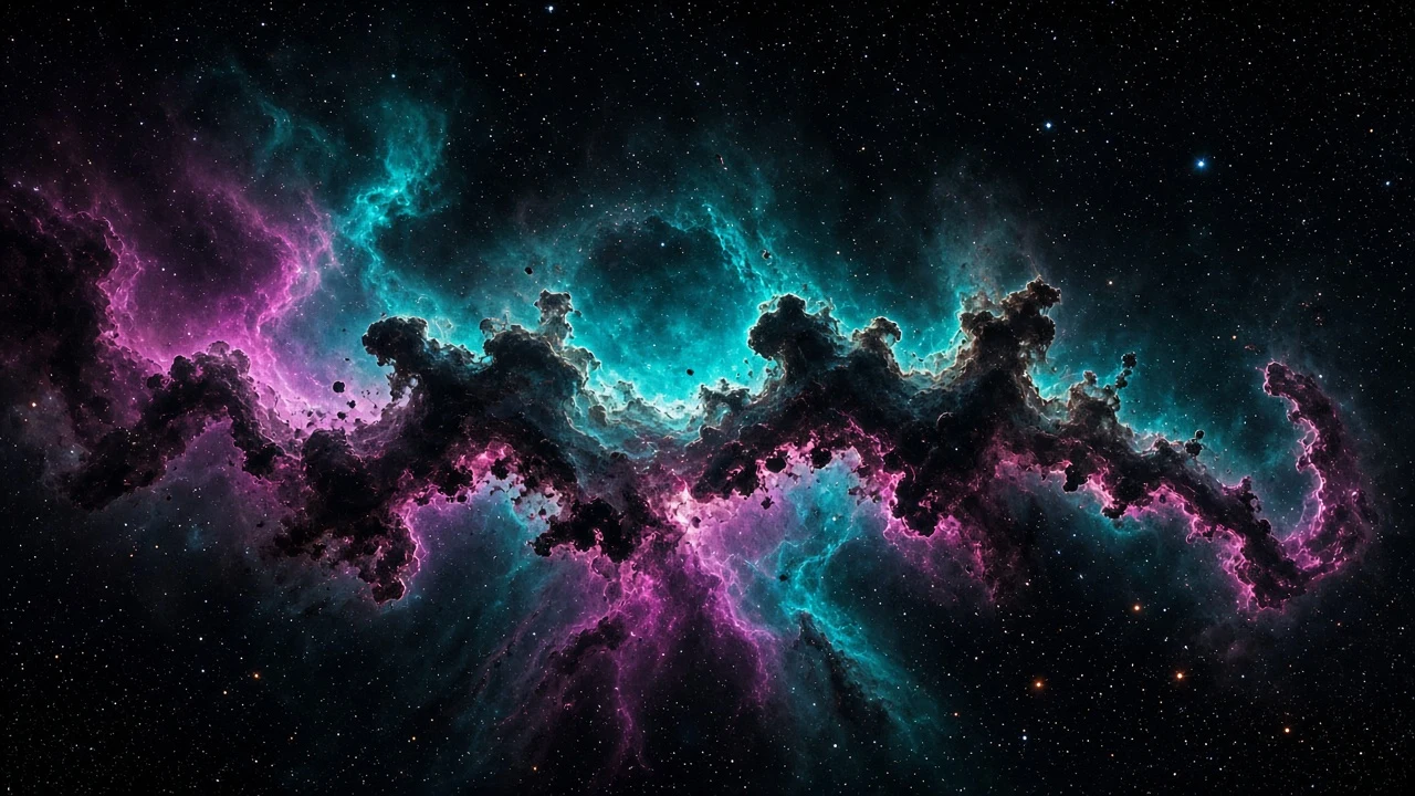 Dramatic Vertical Bok Globule Spiral Interlaced with Ionized Teal and Magenta Plumes