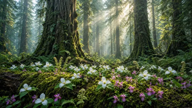 Sunlit Pacific Northwest Old-Growth with Blooming Western Trilliums