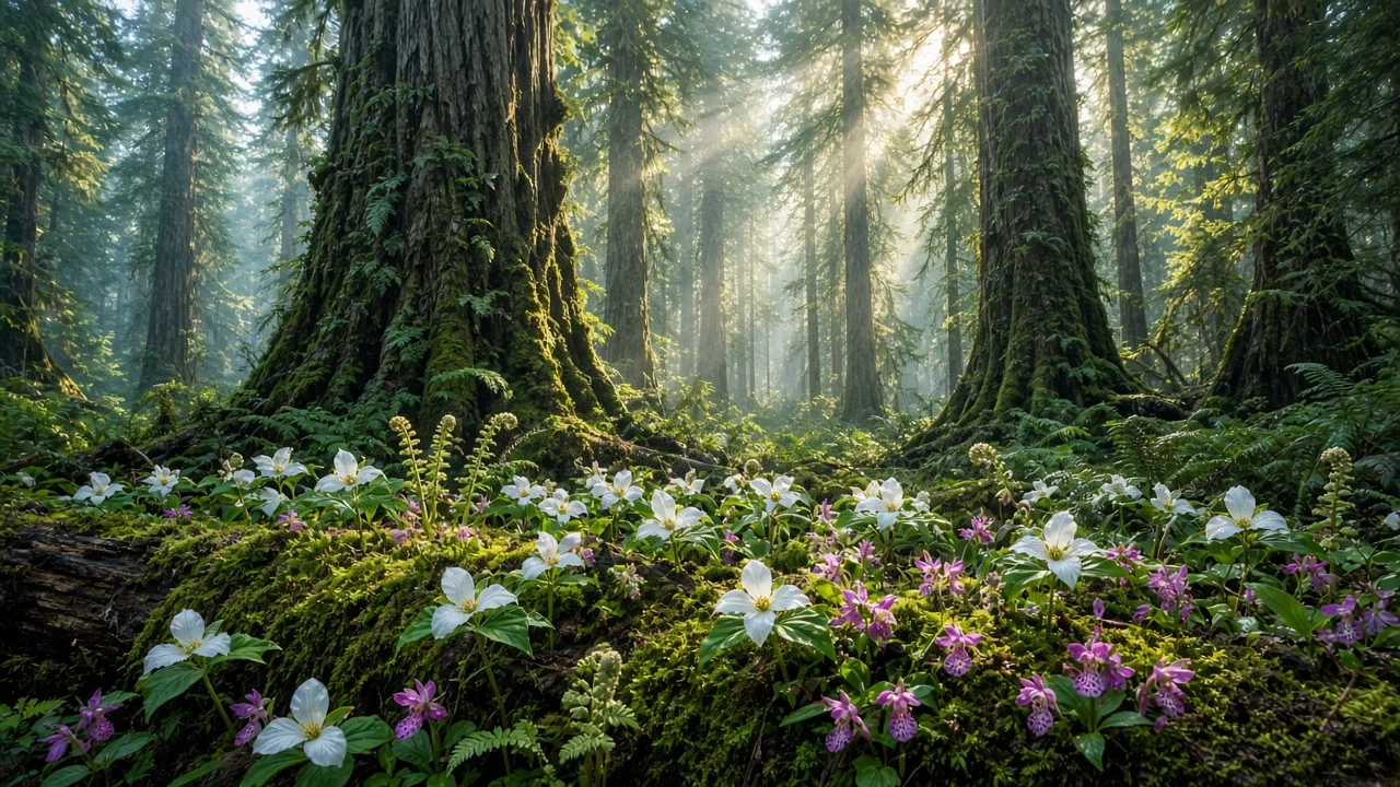 Sunlit Pacific Northwest Old-Growth with Blooming Western Trilliums