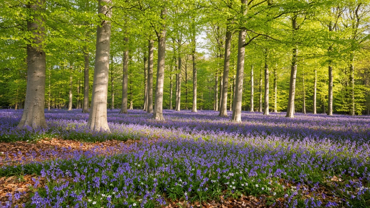 Ancient English Beech Forest Overwhelmed by a Dense Bluebell Sea