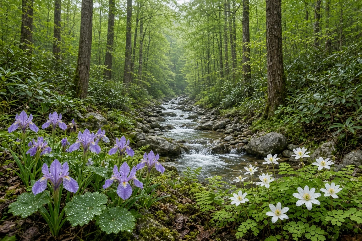 Appalachian Cove Woodland with Crested Dwarf Irises and Bloodroot