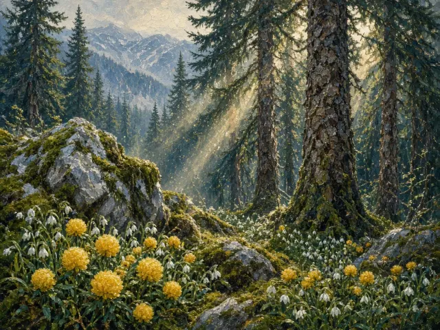 Carpathian Old-Growth Fir Woods with Alpine Globeflowers and Snowdrops