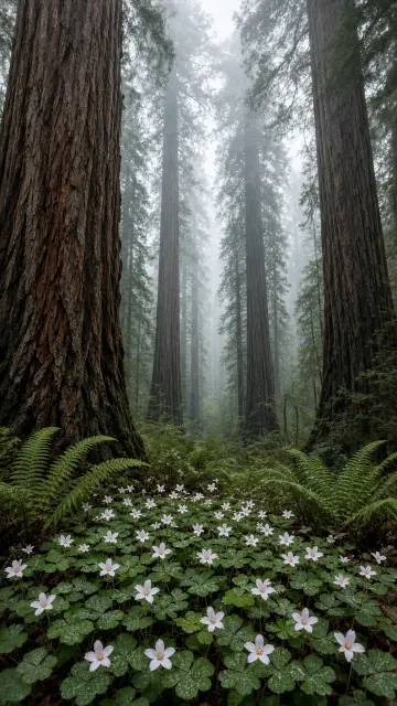 Towering California Redwood Grove Carpeted with Redwood Sorrel Blossoms
