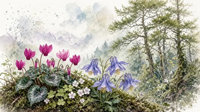 Bavarian Mountain Woods with Wild Cyclamen and Columbine Botanical Art