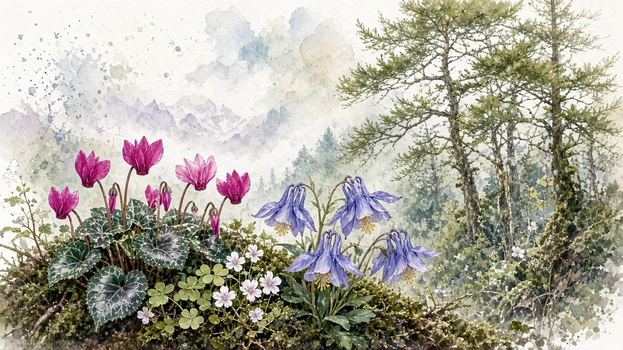 Bavarian Mountain Woods with Wild Cyclamen and Columbine Botanical Art