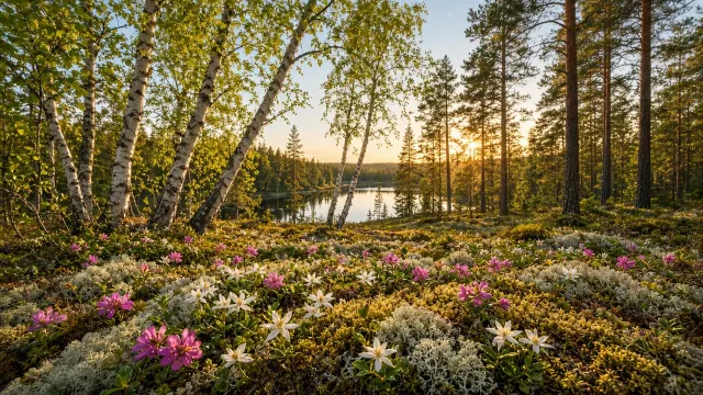 Lush Scandinavian Birch Taiga with Arctic Bramble and Starflower Blooms