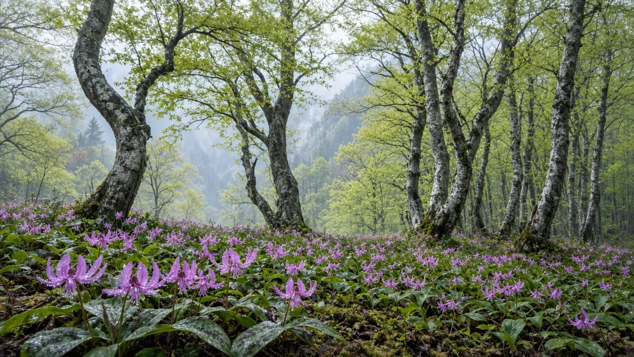 Shirakami-Sanchi Primeval Beech Forest with Japanese Katakuri Lilies