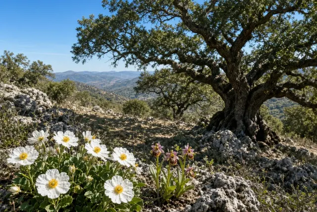 Mediterranean Holm Oak Woodland with Wild Rockrose and Bee Orchids