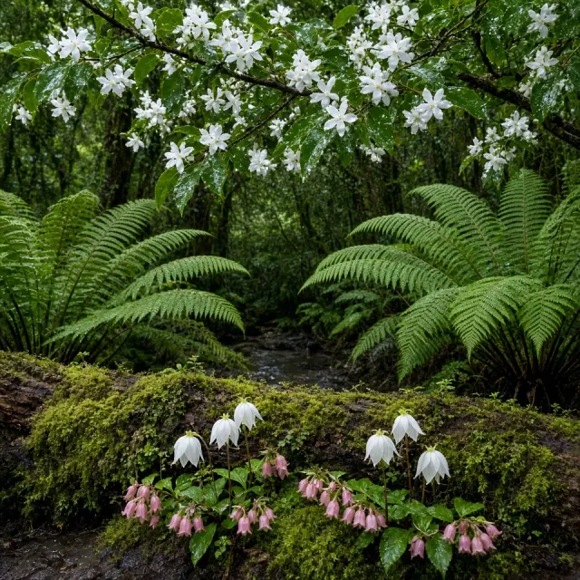 Tasmanian Cool Temperate Rainforest with Flowering Leatherwood Canopy