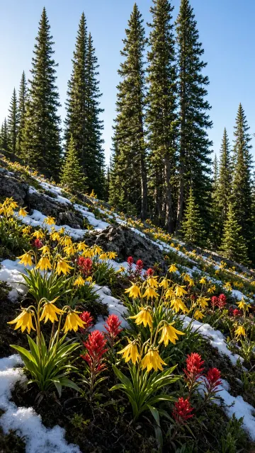 Subalpine Rocky Mountain Conifer Woods with Glacier Lilies and Paintbrush