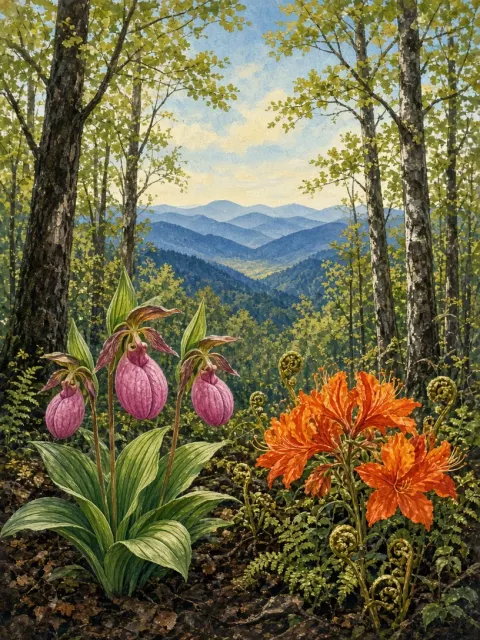 Blue Ridge Mountain Slope with Pink Lady's Slipper and Flame Azalea