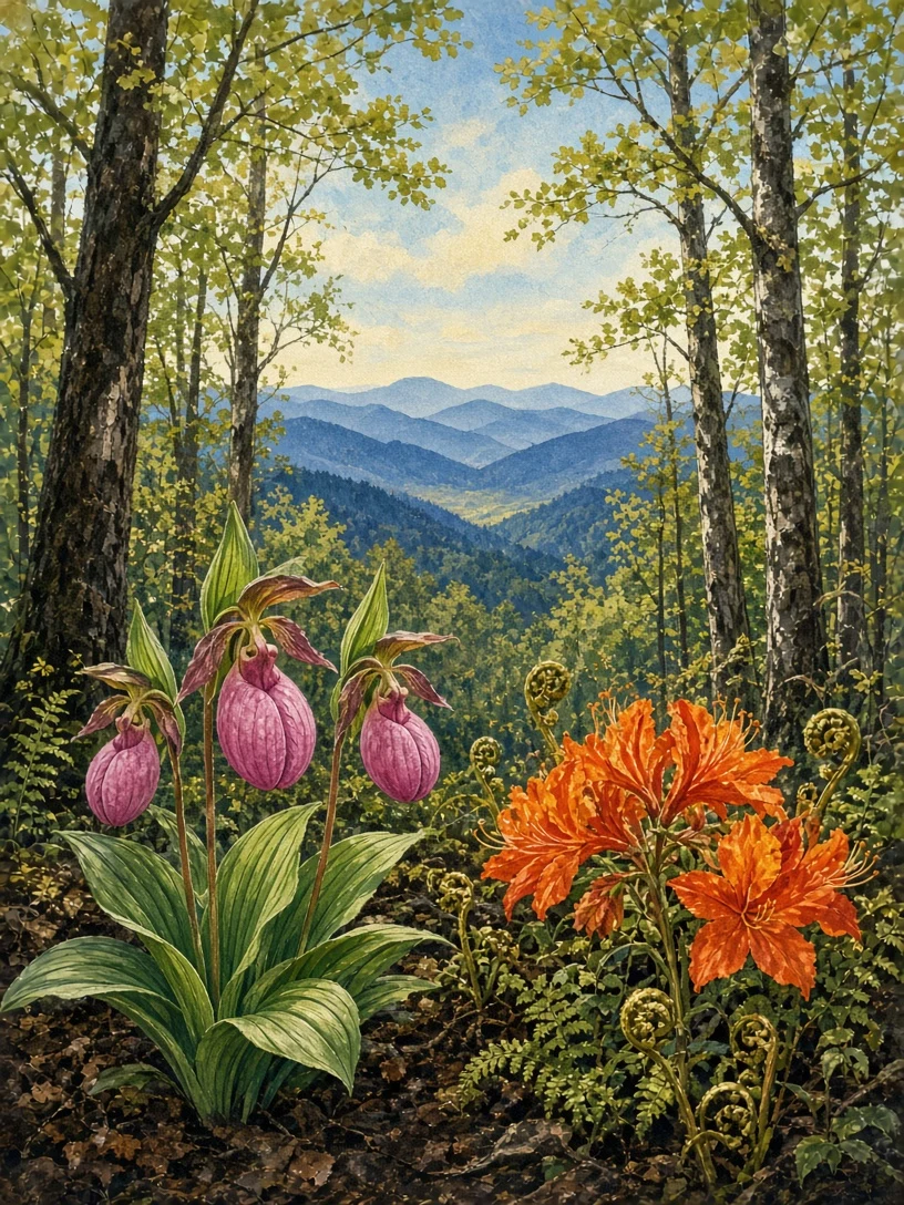Blue Ridge Mountain Slope with Pink Lady's Slipper and Flame Azalea