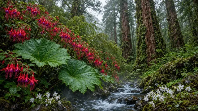 Valdivian Temperate Rainforest with Wild Chilean Fuchsia and Giant Nalca