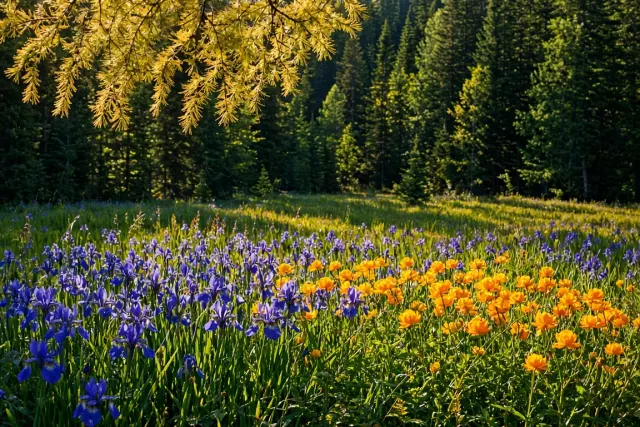 Siberian Larch and Cedar Taiga with Wild Irises and Globeflowers