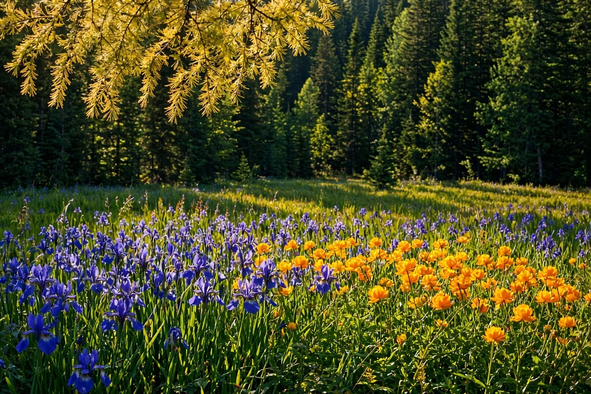 Siberian Larch and Cedar Taiga with Wild Irises and Globeflowers