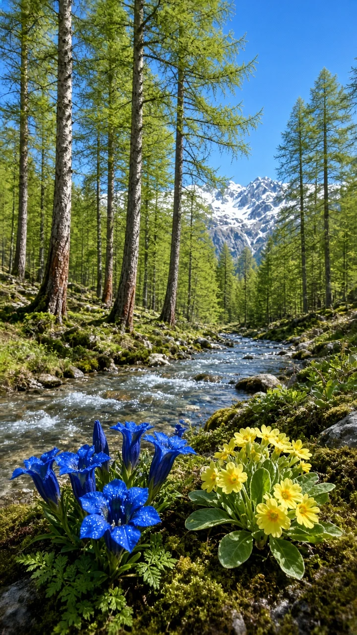 Swiss Alpine Larch Woods with Brilliant Blue Gentians and Primroses