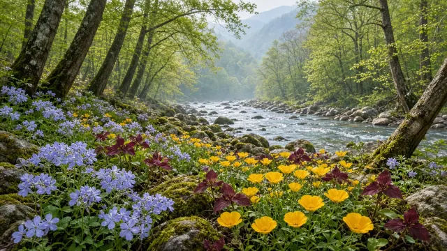 Great Smoky Mountains Riverside Glade with Wild Blue Phlox and Poppies