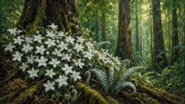 Plein Air Oil of New Zealand Podocarp Forest with Clematis and Ferns