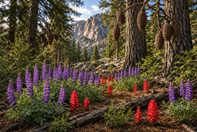 Sierra Nevada Mixed Conifer Forest with Vivid Mountain Lupines and Snow Plants