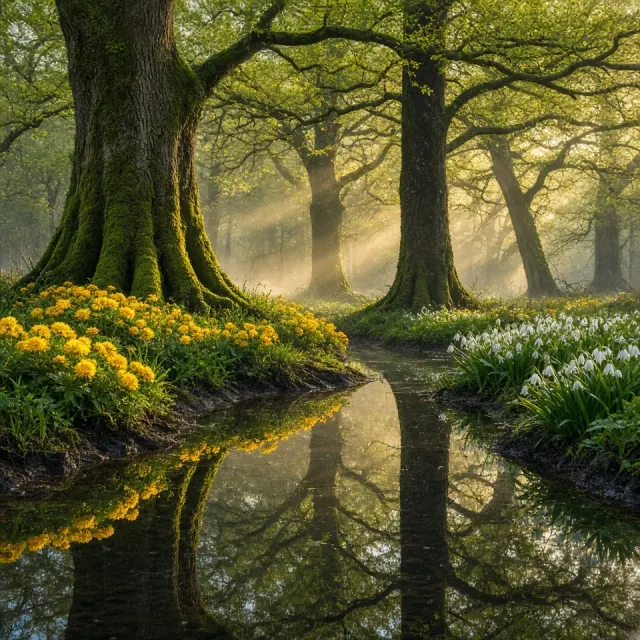 Central European Floodplain Forest with Golden Marsh Marigolds and Snowflakes