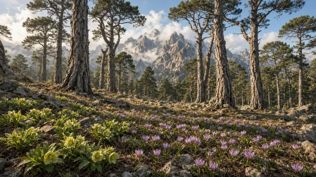 Corsican Mountain Laricio Pine Forest with Wild Hellebores and Crocuses