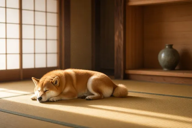 Sunlit Tatami Slumber of a Red Shiba Inu