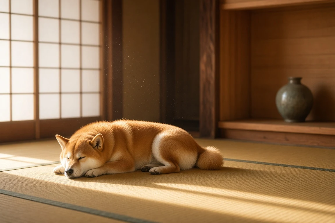 Sunlit Tatami Slumber of a Red Shiba Inu