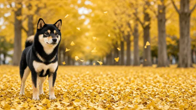 Black and Tan Shiba in Golden Ginkgo Canopy
