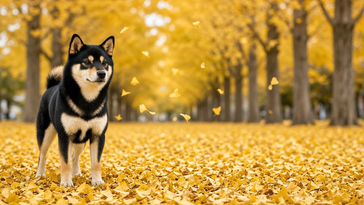 Black and Tan Shiba in Golden Ginkgo Canopy