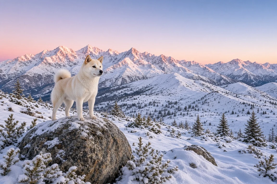 Alpine Solitude of a Cream Shiba at Dawn