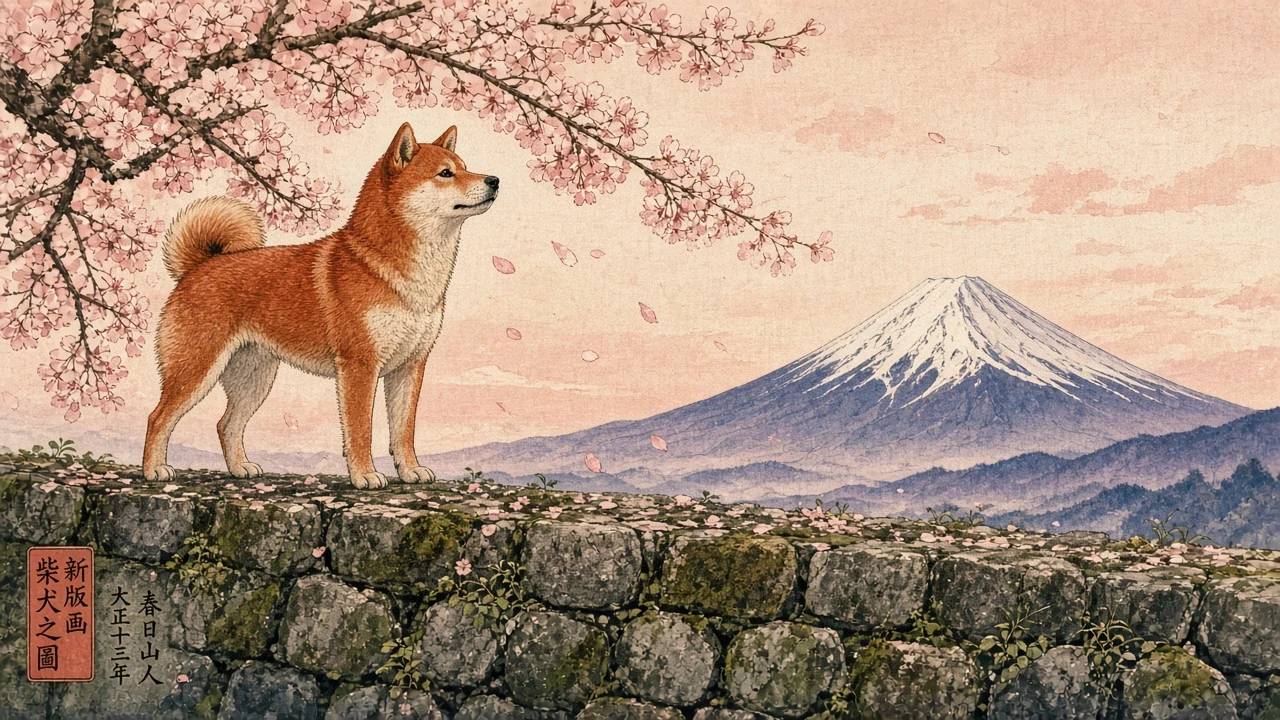 Woodblock Woodcut Homage of Shiba Under Cherry Blossoms