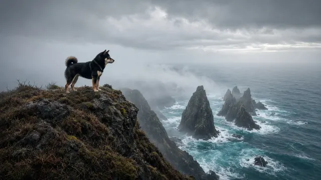 Black and Tan Watchman on Misty Coastal Cliffs